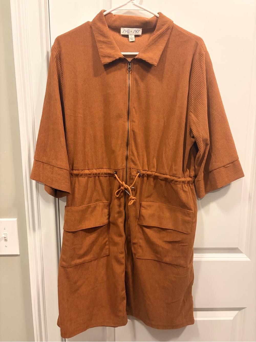 She and Sky Corduroy Zip-Front Mini Dress in Rust